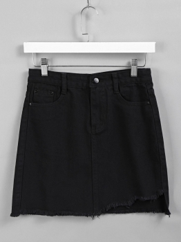 

Black High Waist Asymmetrical Frayed Hem Denim Skirt with Pockets, Multicolor