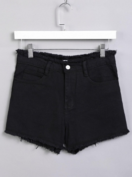 

Black Solid High Waist Frayed Hem Denim Shorts with Pockets, Multicolor