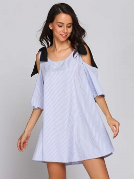 

3"4 Sleeve Cold Shoulder Contrast Tie Striped Dress, Blue