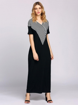 

Short Sleeve Stripes Patchwork Loose Maxi Dress, Multicolor