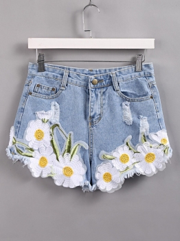 

Distressed Appliques Raw Hem Denim Shorts, Multicolor
