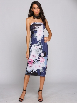 

Navy blue Strapless Floral Print Backless Bodycon Dress, Multicolor