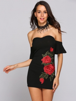 

Off the Shoulder Embroidery Flare Sleeve Mini Dress, Multicolor