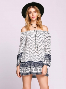 

Off Shoulder Boho Styles Loose Print Dress, Multicolor