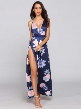 

Backless Spaghetti Strap Floral Split Maxi Dress, Multicolor