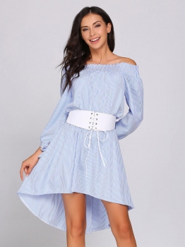 

Blue Off the Shoulder Long Sleeve Stripes Dress With Belt, Multicolor