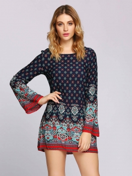

Dark blue Long Sleeve Bell Print Boho Styles Dress, Multicolor
