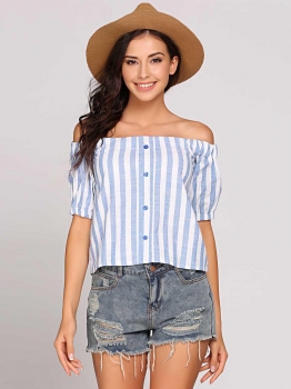 

White blue Stripes Off the Shoulder Buttoned Short Sleeve Tops, Multicolor