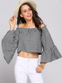 

Black white Plaid Off the Shoulder Flare Sleeve Crop Top, Multicolor