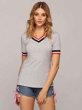

Grey Contrast Color Stripes V Neck Cotton T-Shirt, Multicolor