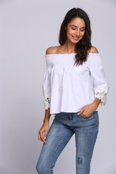 

White Hollow Lace Sleeve Off the Shoulder Slash Neck Bell Sleeve Tops, Multicolor