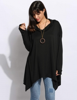 

Black Cowl Collar Long Sleeve Irregular Hem Pullover Loose Tunics, Multicolor
