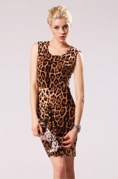 

Leopard Sexy Women Ladies Sleeveless Slim Bodycon Irregular Front Mini Casual Dresses, Multicolor