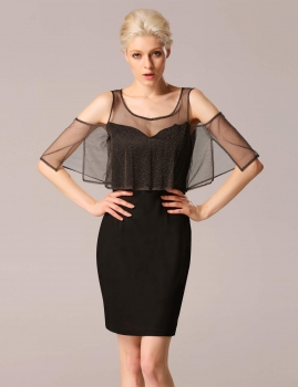 

Black New Elegant Ladies Women Gauze Stitching Cold shoulder Short Bat Sleeve Dress, Multicolor