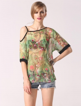 

Green Finejo Women Sexy One Shoulder Mesh Chiffon Semi Sheer Peacock Printed Shirt Tops, Multicolor