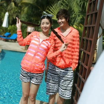 

Orange 2016 Trends Fashion Summer Beach Couple Man Women's Long Sleeve Sun-protective Stripe Transparent Coats 3 Colors Shirts & Blouses Swimwear, Multicolor