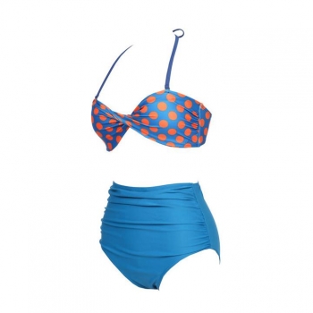 

Blue Women's Vintage Push Up Bandeau High Waisted Bikini Set Swimwear, Multicolor