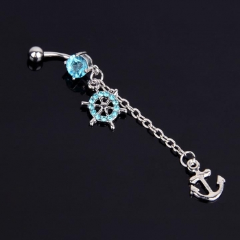

Navel Belly Button Ring Nautical Anchor Crystal Rhinestone Wheel Dangle Piercing