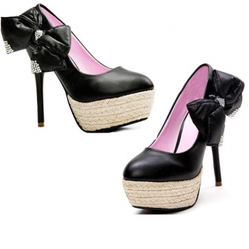 

Black Sexy Woman Ladys Weave Platform High Bowknot Shoes Black"White Heels, Multicolor