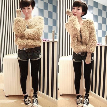 

New Women's Girl Long Sleeve Coat Jacket Fluffy Short Outwear, Khaki