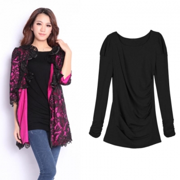 

Black Women's Autumn Slim Round collar Bubble sleeve Long & Blouses Tank Tops T-Shirts, Multicolor