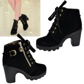 

Black Women Retro Buckle High Heel Lace Up Platform Martin Blue Pumps Boots, Multicolor