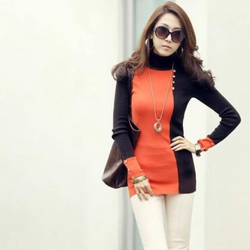 

Orange Women's Slim Button Decoration Turtle Neck Long Sleeve Bottoming & Blouses Tank Tops T-Shirts, Multicolor