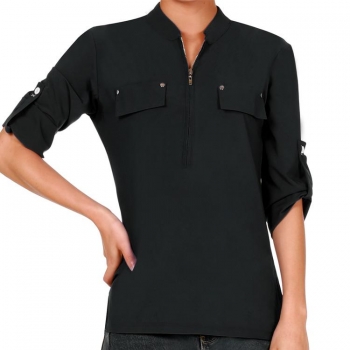 

ACEVOG Black Fashion Women Stand Neck 3"4 Sleeve Casual Fake Pocket Zipper Career Tank Tops Shirts & Blouses, Multicolor