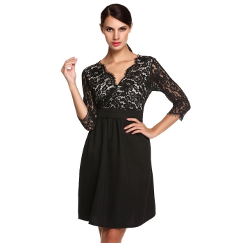

Black 3"4 Sleeve V-Neck Lace Patchwork Work Dress, Multicolor