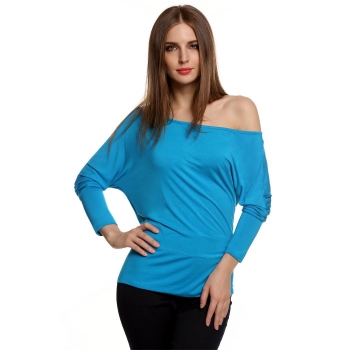 

Meaneor Blue Korean Stylish Ladies Women Long Batwing Sleeve Off the Shoulder Solid Loose Tank & Blouses T-Shirts Casual Tops, Multicolor
