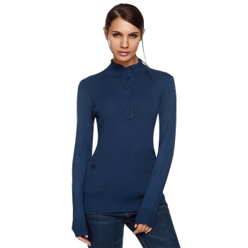 

DarkBlue Stand Collar Long Sleeve Button Ribbed Slim Knitting Sweater, Multicolor