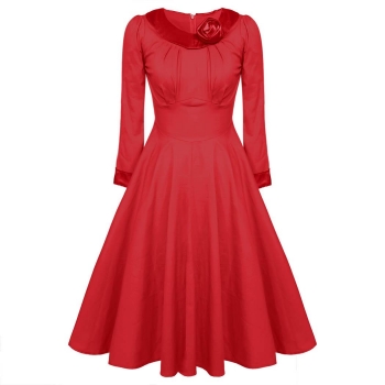 

ACEVOG Red Elegant Stylish Ladies Women Long Sleeve High Waist Calf Length Solid Party Evening Going Out Casual Dresses, Multicolor