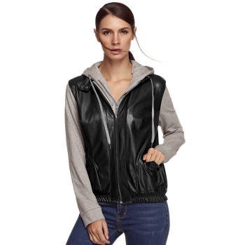 

Meaneor Black Stylish Ladies Women Casual PU Leather Patchwork Hooded Outerwear Detachable Zipper Hoodie Coats & Jackets, Multicolor