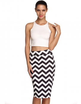 

White Printed High Waist Knee Length Pencil Skirt, Multicolor