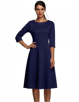 

DarkBlue O Neck 3"4 Sleeve Solid A-Line Dress, Multicolor