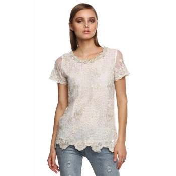 

Finejo White New Stylish Women Casual Short Sleeve Round Neck Chiffon Lace & Blouses T-Shirts, Multicolor