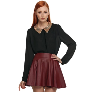 

Zeagoo Black Stylish Ladies Elegant Women Casual Long Sleeve Sequin Neck Solid Loose Chiffon Tops Shirts & Blouses, Multicolor