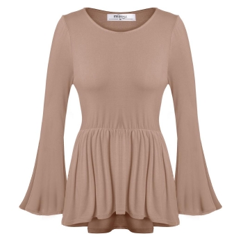 

Meaneor Coffee Stylish Ladies Women Casual Long Flare Sleeve Solid Hip Length Pleated Elastic Waist Tank Tops Shirts & Blouses, Multicolor