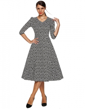

Retro V-neck Half Sleeve High Waist Floral A-line Casual Dress, Multicolor