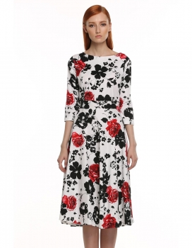 

ACEVOG Red Stylish Ladies Women O-neck 3"4 Sleeve Full-Length Floral Going Out Dresses, Multicolor