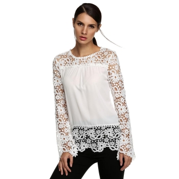 

White Zeagoo New Stylish Ladies Casual Chiffon Long Sleeve Round Neck Lace Crochet Shirts & Blouses Tank Tops, Multicolor