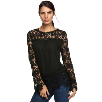 

Black Chiffon Splicing Floral Lace Crochet Casual Loose Top, Multicolor