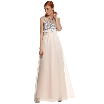 

Zeogoo Beige Sexy Women Strap V-Neck Sleeveless Sequins Chiffon High Waist Backless Maxi Party Evening Wedding & Bridesmaid Dresses, Multicolor
