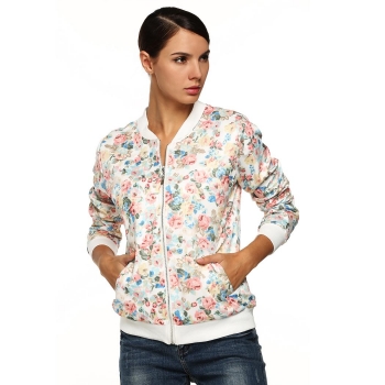 

Zeagoo White Ladies Women Casual Long Sleeve V-Neck Floral Zipper Closure Slim Outwear Coats & Jackets, Multicolor