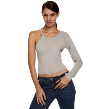 

Zeagoo Grey Stylish Ladies Women Neck One Long Sleeve Short T-Shirt Casual Sexy Solid Shirts & Blouses Tank Crop Tops, Multicolor