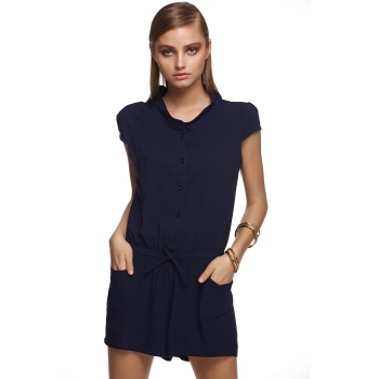

Finejo Blue Stylish Lady Women Casual Stand Neck Cap Sleeve Elastic Waist Front Button Solid Short Jumpsuits & Rompers, Multicolor