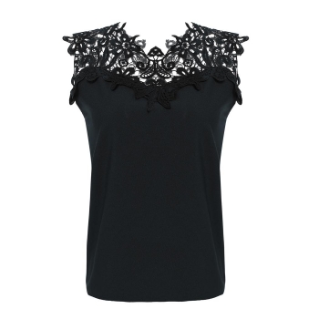 

Finejo Black Women Fashion Sexy Round Neck Sleeveless Hollow Lace Patchwork Solid Tops Shirts Blouses Vests Tanks & Camis, Multicolor