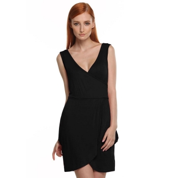 

FINEJO Black Women Fashion Sexy V-Neck Irregular Slim Solid Pleated Sleeveless Mini Casual Dresses, Multicolor
