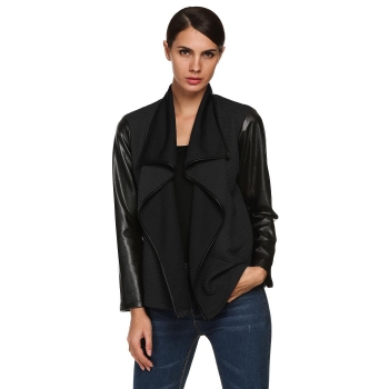 

Zeagoo Black Ladies Women Long Sleeve Synthetic Leather Patchwork Turn Down Neck Front Open Sweaters Cardigans Coats & Jackets, Multicolor