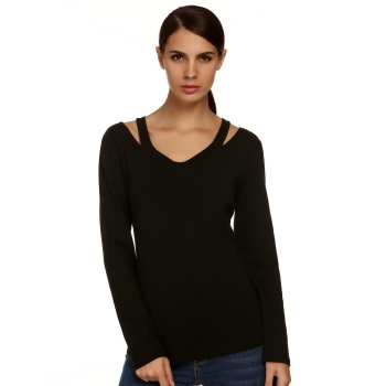 

Zeagoo Black Stylish Ladies Women Sexy Long Sleeve Shoulder Slit V Neck Solid Casual Tank Tops & Blouses T-Shirts, Multicolor